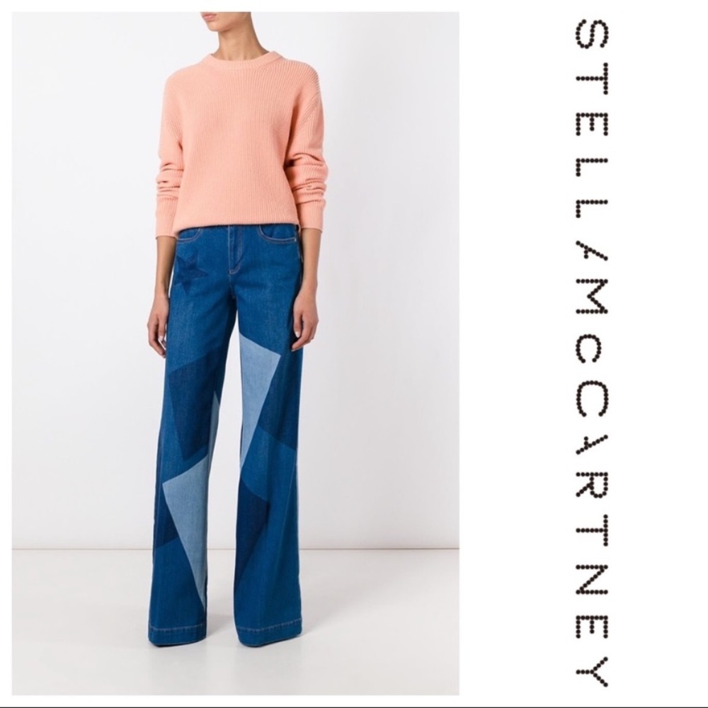 NWT STELLA MCCARTNEY High Rise Wide Leg Patch Jeans 27x35 Festival Designer $525